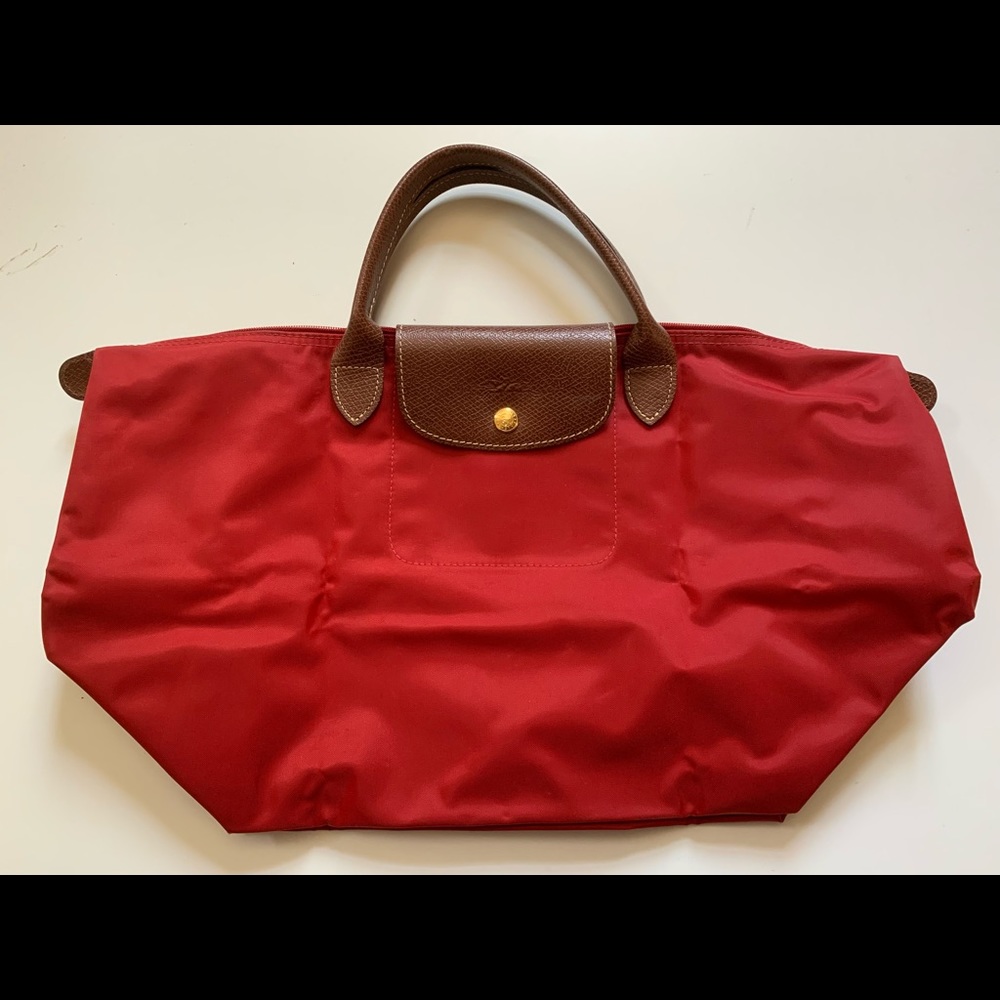 Auth Longchamp Le Pliage red top handle tote bag M